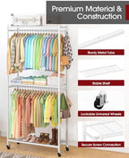 Sakugi Clothes Rack - 33.0" x 12.2" x 79.5" Clothing Rack with Shelves & Wheels, Multi-Functional Wardrobe Closet with Hooks, Sturdy Metal Garment Rack for Bedroom, Laundry, Balcony (White) - Image 3