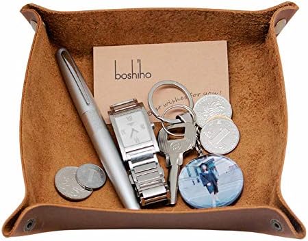 boshiho Valet Tray for Men, Leather Jewelry Catchall Key Phone Coin Box Change Caddy Bedside Storage Box (Light Brown) by boshiho