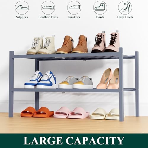 Smiry Bamboo Shoe Rack, 14 Vertical Slats, 2 Tier - 26.8" Wide, Grey - Image 6