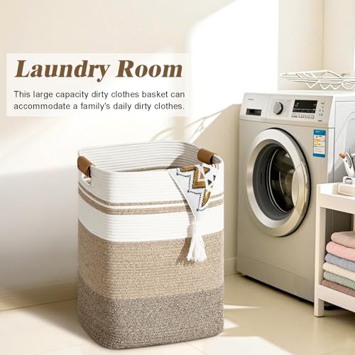 Laundry Hamper, 85L Tall Laundry Basket with Leather Handles, Rectangle Large Clothes Hamper for Organizing, Cotton Woven Laundry Baskets Storage Hampers for Bedroom, Nursery, Living Room - Image 2