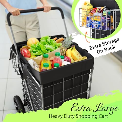 Our Modern Space Shopping Cart w/Waterproof Basket Liner & 360° Swivel Wheels | Foldable Collapsible & Lightweight | Perfect for Groceries Laundry Utility Cart - Silver - Image 4