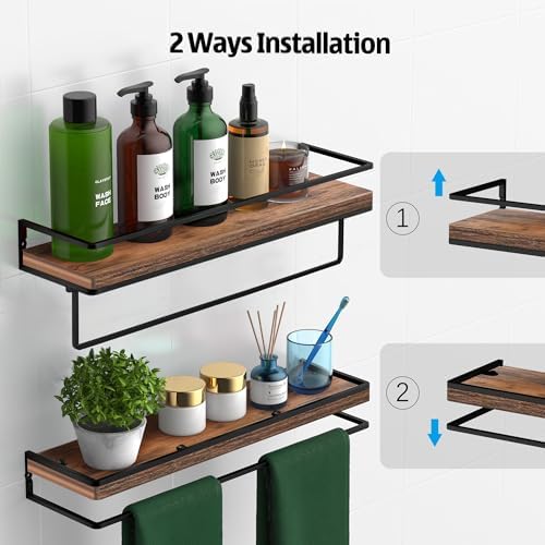 Meangood Floating Shelves Wall Mounted Set of 2, Towel Bar Rustic Wood Wall Storage Shelves for Bedroom,Living Room,Bathroom, Kitchen Rustic Brown - Image 4