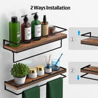 Meangood Floating Shelves Wall Mounted Set of 2, Towel Bar Rustic Wood Wall Storage Shelves for Bedroom,Living Room,Bathroom, Kitchen Rustic Brown - Image 4