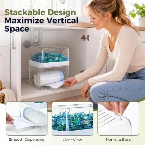 Trash Bag Dispenser & Dishwasher Pod Holder, 3-in-1 Trash Bag Holder Laundry Pods Container with Moisture-Proof Lid, Acrylic Garbage Bag Dispenser for Under Sink Organizer Laundry Room Organization - Image 6