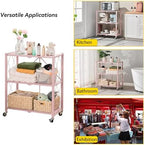 BRIAN & DANY 3-Tier Foldable Storage Shelves with Wheels, No Assembly Folding Shelf Metal Rack, Shelving Unit for Kitchen, Garage, Pink - Image 6