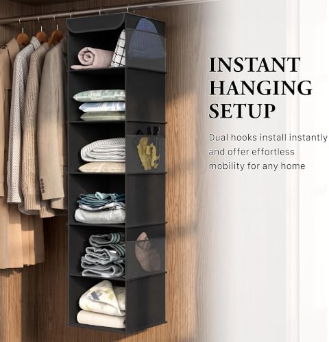 Simple Houseware 6 Shelf Hanging Closet Organizer, Black | 360° Rotating Dual Hooks, Top Support Metal Frame, 6 Side Mesh Pockets - Image 6