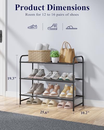 Kitsure Stainless Steel Shoe Rack Organizer, 25.6" Wide - 3 Tier, Black | Sturdy Shoe Rack for Closet and Entryway, Free Standing Shoe Shelf, Closet Organizers and Storage - Image 3