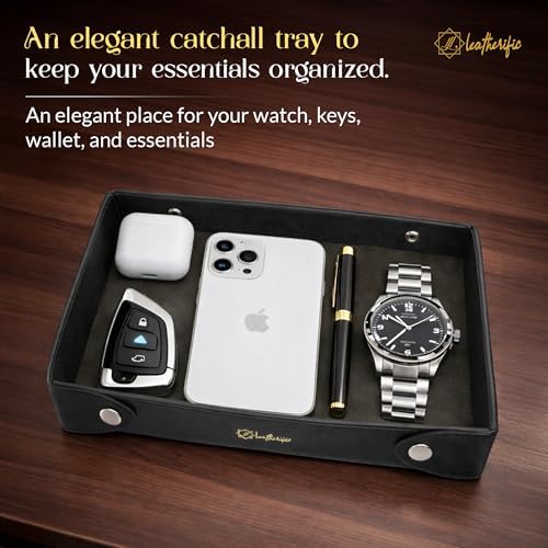 Luxe Genuine Leather Valet Chronicle Tray | Premium Handmade Multipurpose Catchall Tray, Coin watch key Trinket Dish for Home office Desk, Nightstand Entryway (Charcoal, 11 x 9 x 1.5) - Image 2