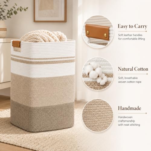 Laundry Hamper, Cotton Rope Laundry Basket with Leather Handles, 22.5-Gallon/85 L Large Clothes Hampers for Laundry, Woven Laundry Baskets for Blankets, Clothing, Bedroom, Living Room, Nursery - Image 2