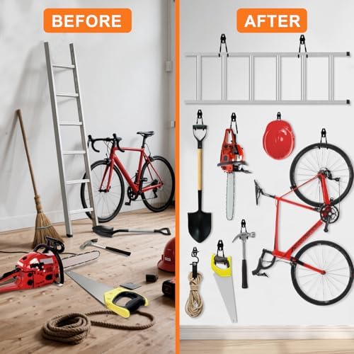 Heavy Duty Garage Hooks Storage, Anti-Slip Steel Wall Mount Multi-Size Utility Hangers Organizer for Ladders, Bikes, Garden Tools, Hose with 32 Screws Hardware Kit (Black, 20 Pack) - Image 7