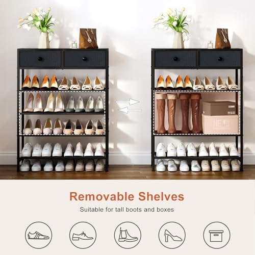 5 Tier Shoe Rack with 2 Drawers Black Grey - Image 6