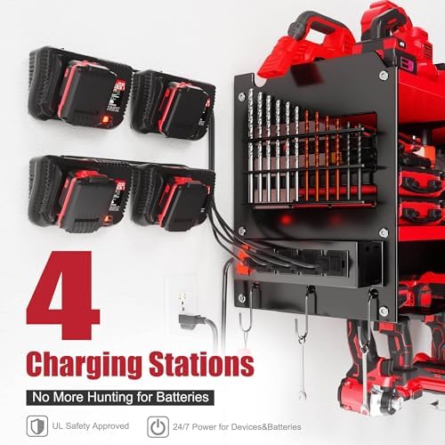 Spampur Fathers Day Gift – Power Tool Organizer Wall Mount with Charging Station, 420 lb Capacity 3-Tier Storage Rack Holds 6 Drills, Side Slots for Screwdrivers & Bits, Garage Storage for Men Gifts - Image 3