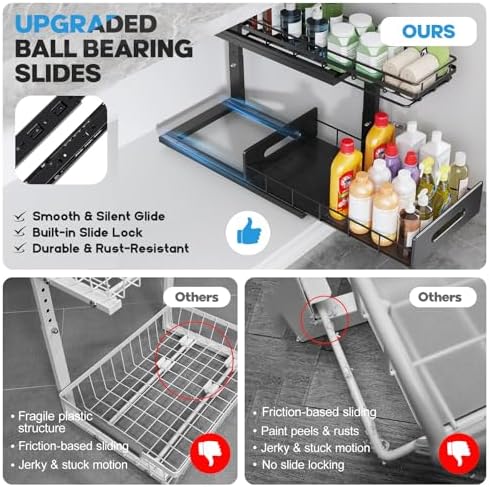 Under Sink Organizer Upgrade To Professional Rails,2-Tier Dual Pull Out Cabinet Storage,Height Adjustable Slide Out Drawers For Bathroom Kitchen,2 Pack-18.5"Dx12.8"-16.9"H,Black - Image 3