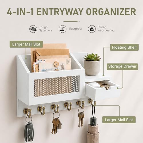 FifthQuarter Key Hanger Wall Mount with Drawer and 6 Sturdy Hooks, B-White - Image 5