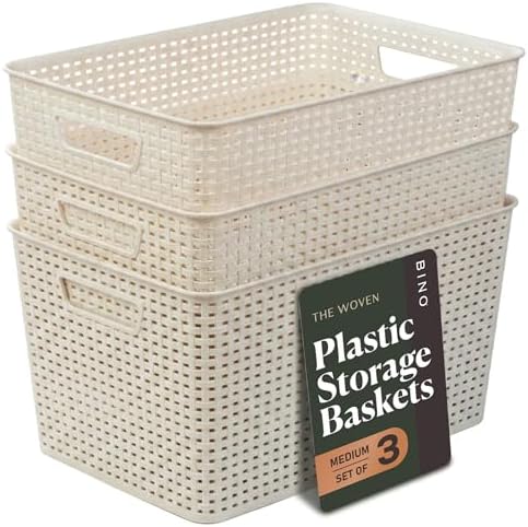 BINO | Plastic Storage Baskets, 22 Liter - 3 Pack, Natural | THE WOVEN COLLECTION | Storage Basket for Shelves | Woven Storage Baskets for Organizing Bins | Pantry Shelf Organizer | Container Bin by BINO