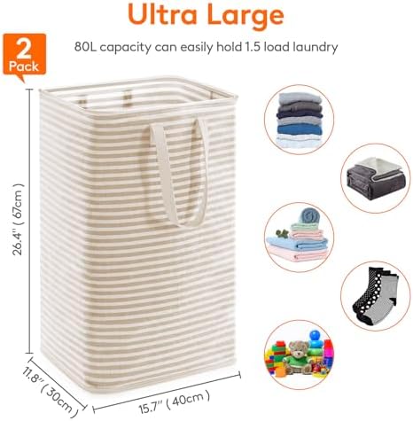 Lifewit 2 Pack Laundry Basket 80L Each, Collapsible Clothes Hamper with Reinforced Handles, Freestanding Waterproof Design for Bedroom and Laundry Room, Beige 160L Total - Image 3