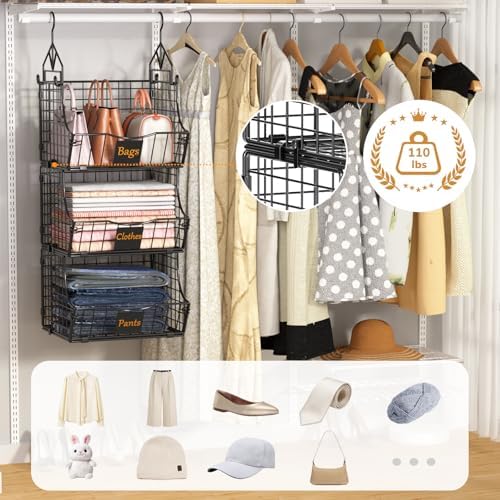 Hanging Closet Organizers and Storage, 3 Tier Closet Shelf Clothes Organizer with 2 S-Hooks, Multi-Functional Iron Wire Baskets, for Clothing, Sweaters, Handbags, Hat, Canned - Image 3