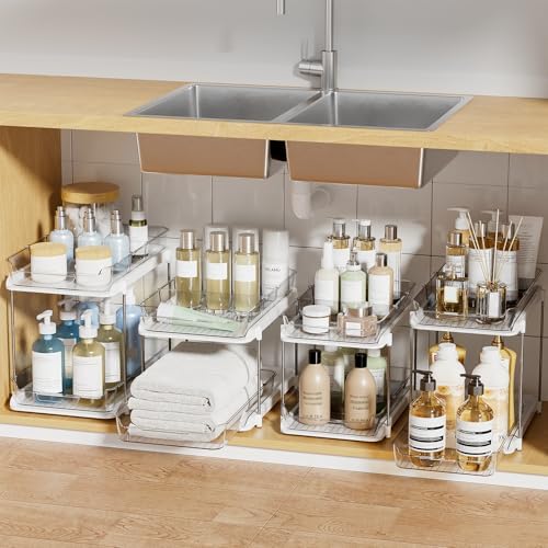 Delamu 2-Tier Multi-Purpose Bathroom Under Sink Organizers and Storage, Stackable Kitchen Pantry Organization, Pull Out Medicine Cabinet Organizer with Movable Dividers, White, 4Pack by DELAMU