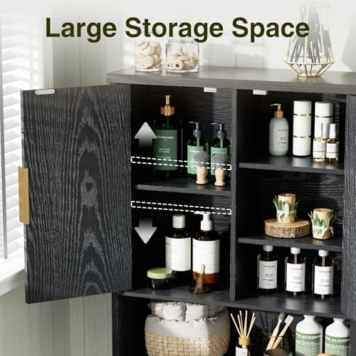 Over The Toilet Storage Cabinet with Fluted Doors and Adjustable Shelf, Tall Bathroom Organizer with Metal Stand Space Saver Over Toilet , Wood Rack for Bathroom, Restroom, Laundry, Natural Black - Image 4