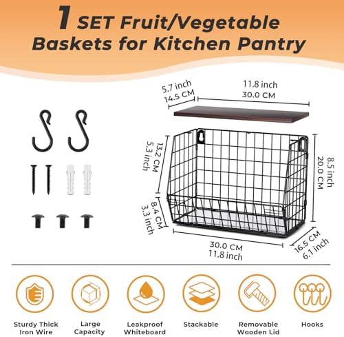 Wawocs Fruit Basket for Kitchen Counter, Fruit Bowl Stackable Wall Mounted Hanging Fruit Basket Wire Basket with Wood Lid with Banana Hanger Hooks, Onion,Potato,Fruit and Vegetable Storage - Image 4