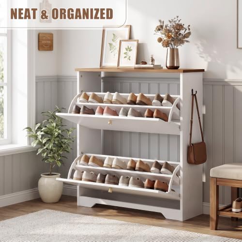 Nicetree Shoe Cabinet, 2 Flip Drawers Slim White Walnut Top Entry Storage - Image 4