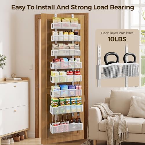 Delamu 8 Tier Over the Door Pantry Organizer, 2in1 Hanging or Wall Mount Spice Rack Seasoning, Adjustable Heavy-Duty Pantry Door Organizer and Storage for Kitchen Cabinet and Bathroom, 15.3" White - Image 5