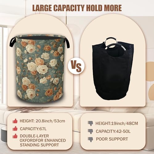 Vintage Rose Flower Laundry Hamper,Retro Floral Collapsible Laundry Baskets Waterproof Oxford Cloth With Handles,Clothes Storage Bucket Toy Organizer For Bathroom/Nursery/Bedroom 16" x 20.8" - Image 4