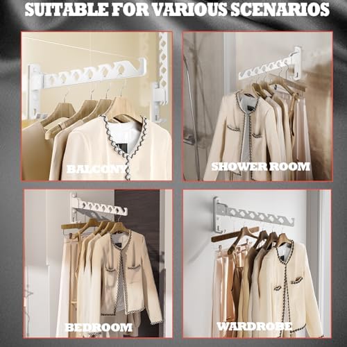 Dr.DJ Wall Mount Coat Hanger Holder White Clothes Drying Organizer Rack Garment Hooks Aluminium Retractable Folding Indoor Wall Mounted Hanger for Laundry Room Bedroom White 2Pack with 80cm Rod - Image 4