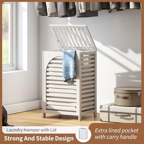 Laundry Hamper with Lid (16.9 * 13 * 26.5inches) Large Bamboo Laundry Bin Basket 85L Clothes Hamper with 1 Removable Bag Storage baskets for Bathroom (White) - Image 4