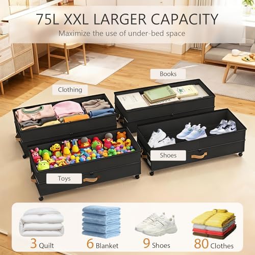 Under Bed Storage with Wheels 2-Pack, 75L XXL Under the Bed Storage Containers Large, 12" Tall Adjustable Storage for Underbed with Lids, Rolling for Clothes, Shoes, Blankets (4PCS-Black) - Image 3