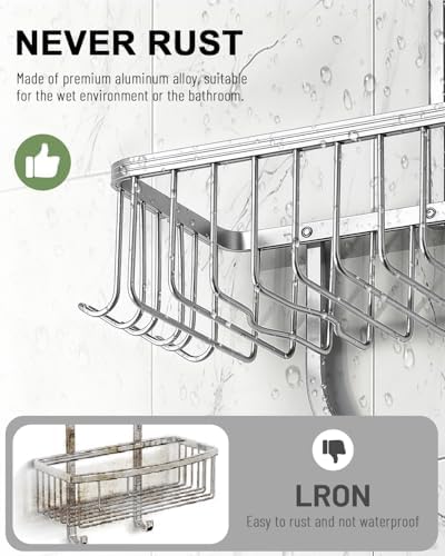 Shower Caddy Hanging - Never Rust Shower Hanging Organizer - Aluminum Over the ShowerHead Caddy with Soap Basket and 6 Hooks for Razor/Sponge (Shiny Silver) - Image 4