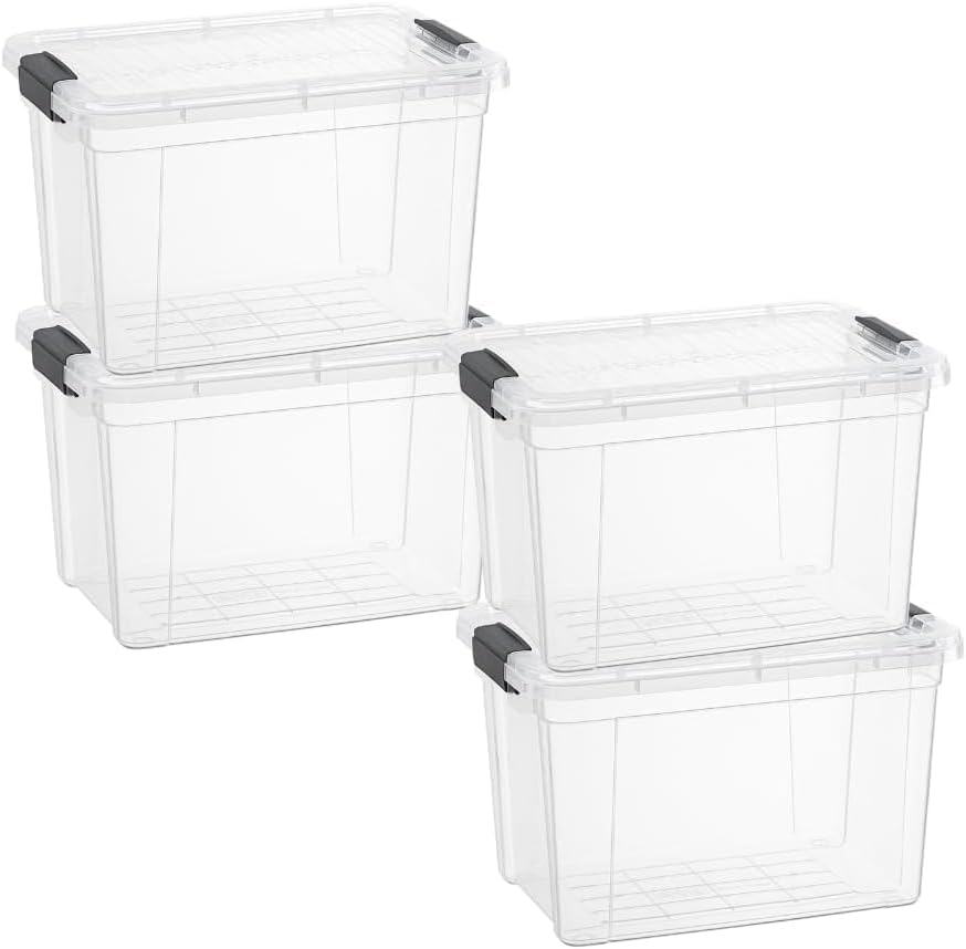 Superio Clear Storage Bins with Lids, Stackable Deep Storage Boxes with Latches and Handles, Extra Small, 4 Pack, Deep Containers for Home, Garage, and Kitchen by Superio