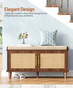 Akxomel 39.4" Rattan Shoe Storage Bench 2 Doors Entryway Bench Walnut - Image 4