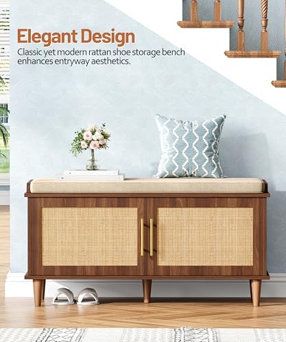 Akxomel 39.4" Rattan Shoe Storage Bench 2 Doors Entryway Bench Walnut - Image 4