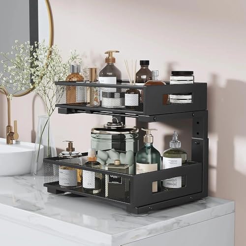 Under Sink Organizer, 2-Tier Dual Pull Out Cabinet Organizer Drawers With Smooth Circular Rail, Large Capacity Metal Mesh Sliding Shelves For Bathroom& Kitchen Storage,Height Adjustable–Black,1 Pack - Image 5