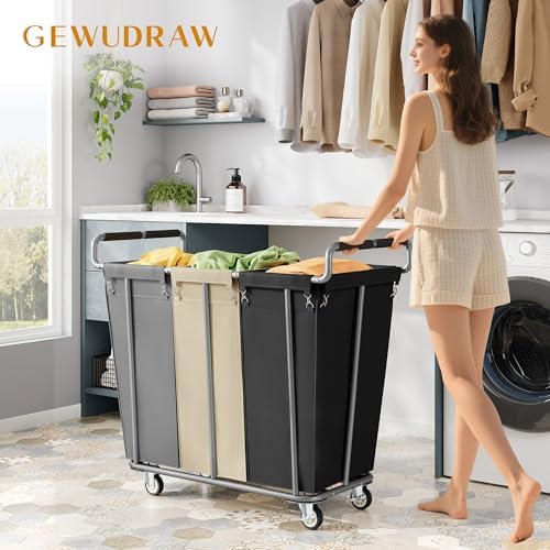 Gewudraw 3 Section Rolling Laundry Sorter Cart with Wheels, 360L - Image 2