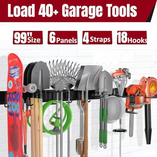 99" Garage Tool Organizer Wall Mount, 28 Pack Heavy Duty Wall Mount Garage Storage Rack Carries1000 lbs, Metal Wall Mount Tool Hanger for Shovels, Rakes, Fits 16" Wall Studs (6 Panels) - Image 2
