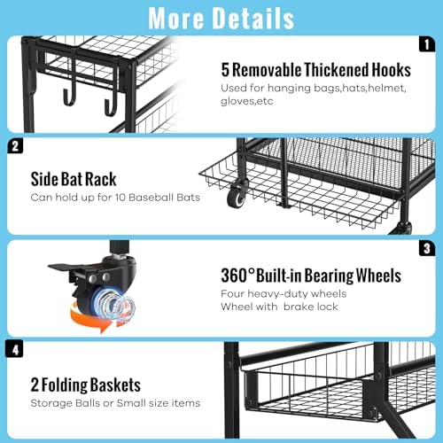 Sports Equipment Garage Organizer - Heavy Duty Garage Organization Ball Storage Rack with Basket, Hooks and Rolling Cart for Sports Gear and Toy Storage, Indoor/Outdoor Use, Black - Image 3