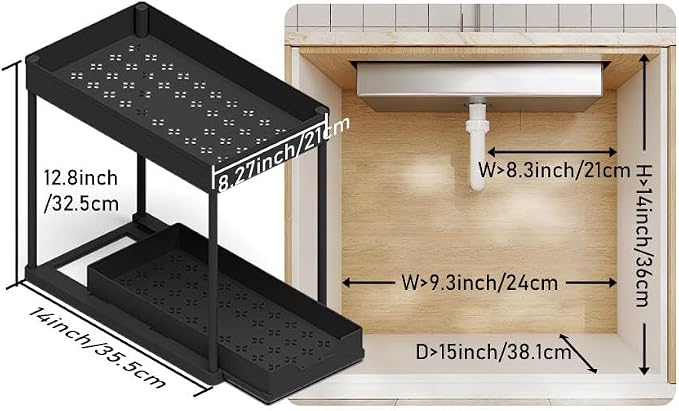 2 Pack black Under Sink Organizers and Storage, 2-Tier Sliding Cabinet Basket Organizer with Hooks, Multi-Purpose Under Sink Organizers and Storage for Bathroom Kitchen - Image 3