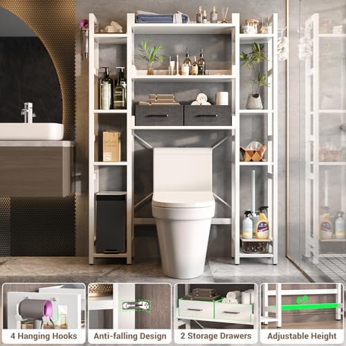Besiost Over The Toilet Storage, 11 Tier Bathroom Organizer with Dual Side Racks and 2 Fabric Drawers, Adjustable Freestanding Rack Space Saver for Small Spaces, White - Image 5