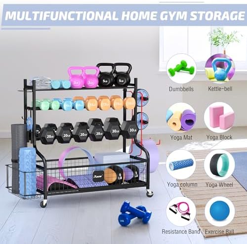 PLKOW Dumbbell Rack, Weight Rack for Dumbbells, Home Gym Storage for Dumbbells Kettlebells Yoga Mat and Balls, All in One Workout Storage with Wheels and Hooks, Powder Coated Finish Steel - Image 5