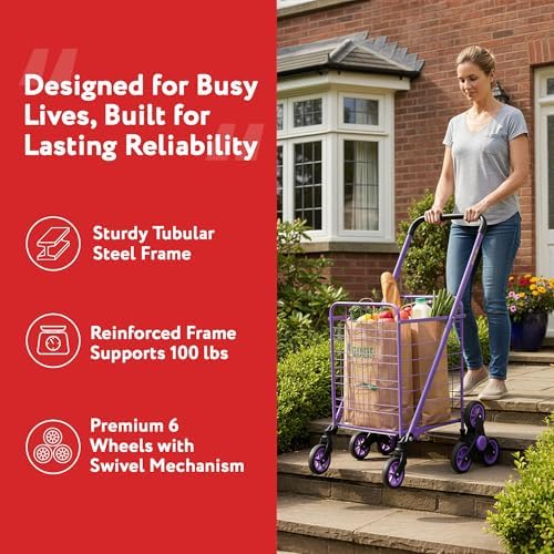 dbest Products Stair Climber Cruiser Cart Shopping Grocery Rolling Folding Laundry Basket on Wheels Foldable Utility Trolley Compact Lightweight Collapsible, Purple - Image 7