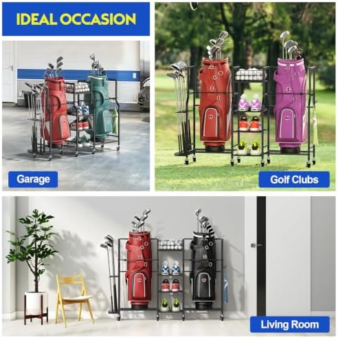 samstar Golf Storage Garage Organizer with Wheels, Golf Bag Storage Stand 2 Golf Bags and Equipment Accessories, Rolling Storage Rack for Home, Garage, Golf Clubs - Image 4