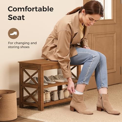 Bamworld Shoe Rack Bench with Storage 3 Tier Bamboo Shoe Bench Entryway Rustic Entryway Bench (X-Brown, 23.6 Inch - Image 4