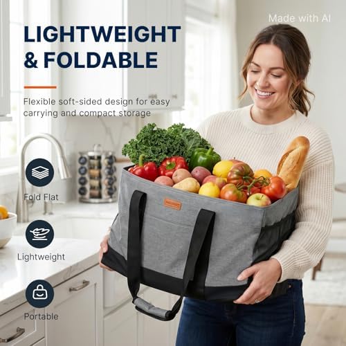 WONDAY Grey Foldable Utility Tote Bag, Reusable Grocery Bag - Image 2