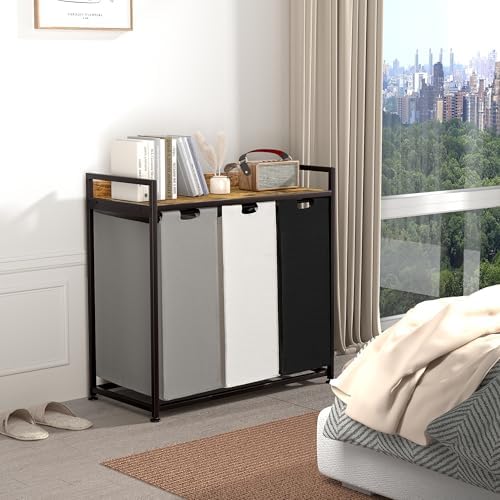 Herture Laundry Hampers with Shelf, Laundry Basket 3 Section, Laundry Sorter with Pull-Out Removable Large 3 Color Bags and Movable Wheels, Metal Frame, 3 x 15.87 Gallons (60L), Rustic Brown PF04XLN - Image 3