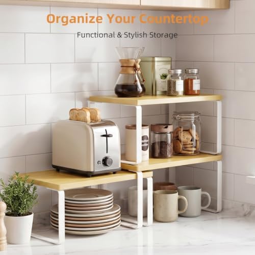 LAMU Cabinet Organizer Shelf, Set of 4 Expandable Kitchen Counter Shelve Plate Organizer for Cabiner, Stackable Spice Rack, CupBoard Organizers and Storage, Wood - Image 5