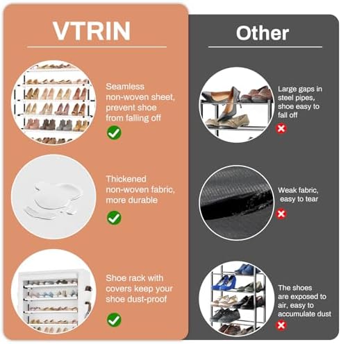 VTRIN Tall Shoe Rack with Cover, 10 Tier Shoe Organizer Storage for 50-55 Pairs Shoes and Boots Large Capacity Shoe Shelf with 8 Pockets Free Standing Shoe Rack for Closet, Entryway, Garage, White - Image 7