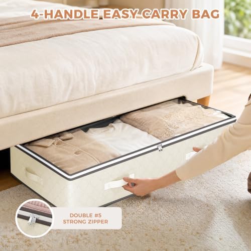Budding Joy 4 Pack Under Bed Storage Containers with Clear Lids, Beige | Underbed Storage Bags for Blankets, Towels, Comforter, Sweaters, Linen Sheets, Wrapping Paper - Image 5
