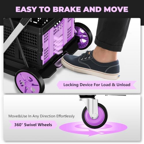 200LBS Collapsible Shopping Cart with 2 Storage Crates, 8-in-1 Portable Foldable Utility Cart with Foot Brake for Picnic, Supermarket, Grocery, Office, Outdoor, Purple - Image 2